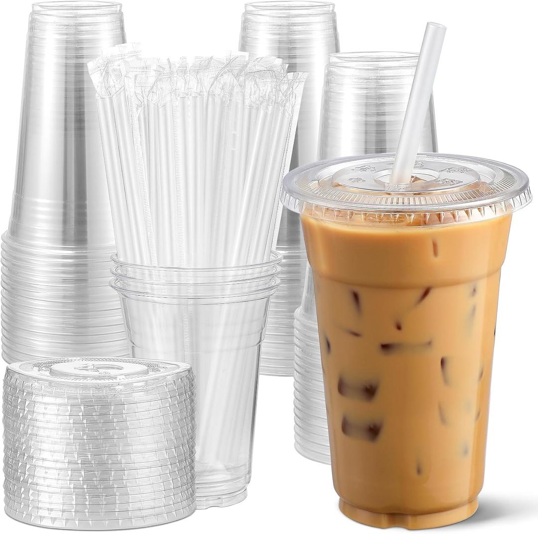 AOZITA [100 Sets Clear Plastic Cups With Lids and Straws, Disposable Cups With Lids for Iced Coffee, Smoothie, Milkshake and Cold Drinks. 20