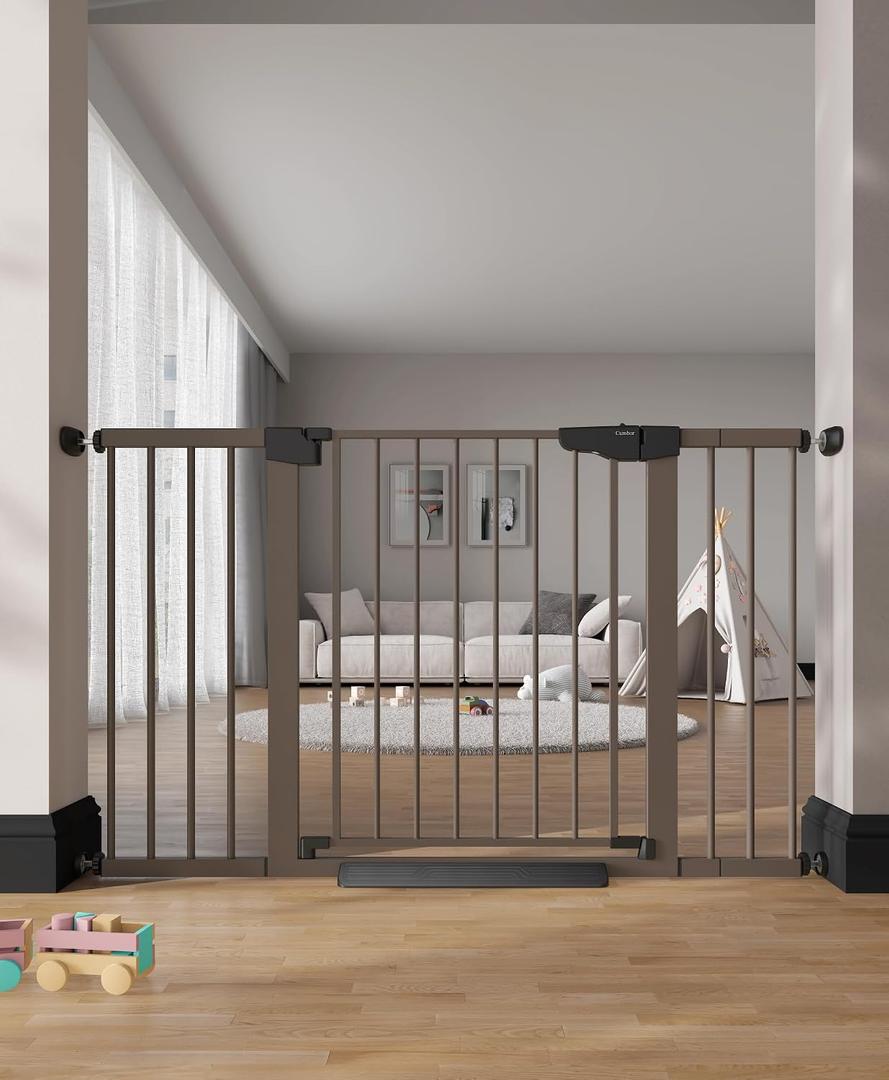 Cumbor 29.751.5" Extra Wide Baby Gate for Stairs, Pressure-Mounted Dog Gates for Doorways & Hallways, Auto-Close Walk-Through, No-Trip Design, Child Proof Safety, Dog/Pet Gate for Indoor Use, Brown