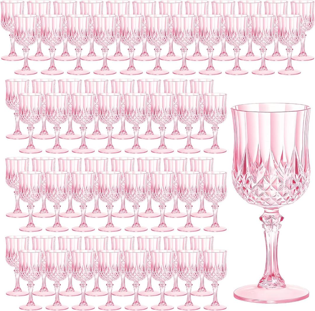 7OZ Plastic Wine Glasses, Reusable Vintage Goblets Unbreakable Drinking Glasses Crystal Water Cups Champagne for Wedding, Parties, Mother's Day (100, Pink)