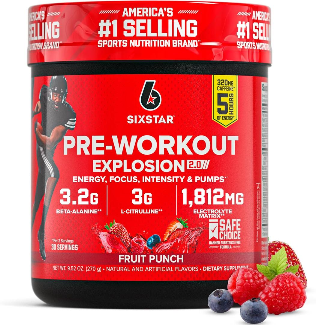 Six Star Pre-Workout Powder for Men & Women, Fruit Punch (30 Servings) - Preworkout Explosion 2.0 Energy Powder Drink Mix with Beta-Alanine & Caffeine - Sports Nutrition Supplement Products (EXP 10/17/27)