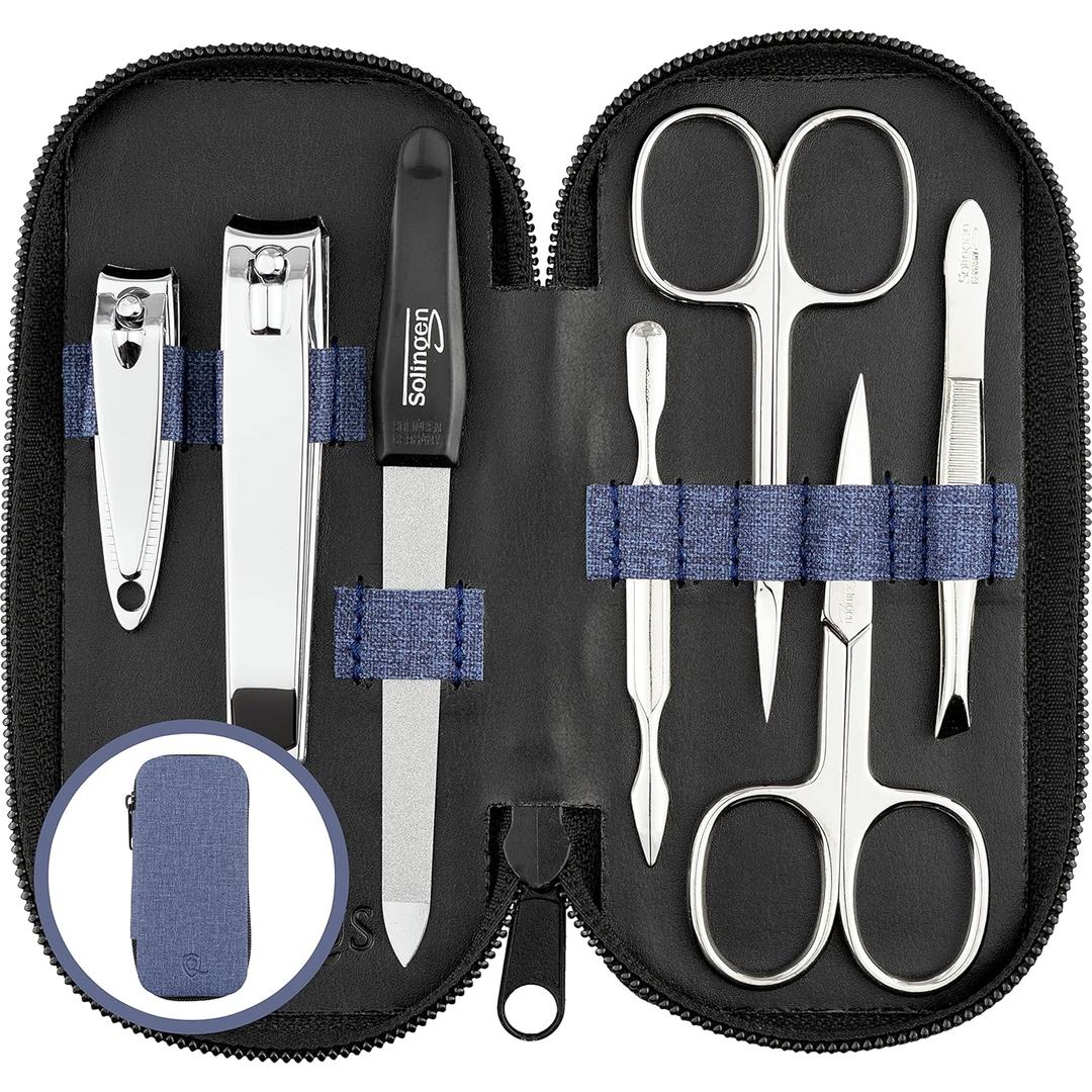 Manicure Set Solingen Made in Germany - 7 Piece Exclusive Finger & Toe Nail Clippers Kit for Women and Men in Vegan Leather Case, Color Jeans (Denim)