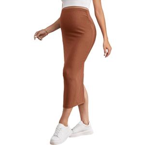 OYOANGLE Women's Maternity Adjustable High Waist Ribbed Knit Split Hem Midi Pencil Skirt (Brown)