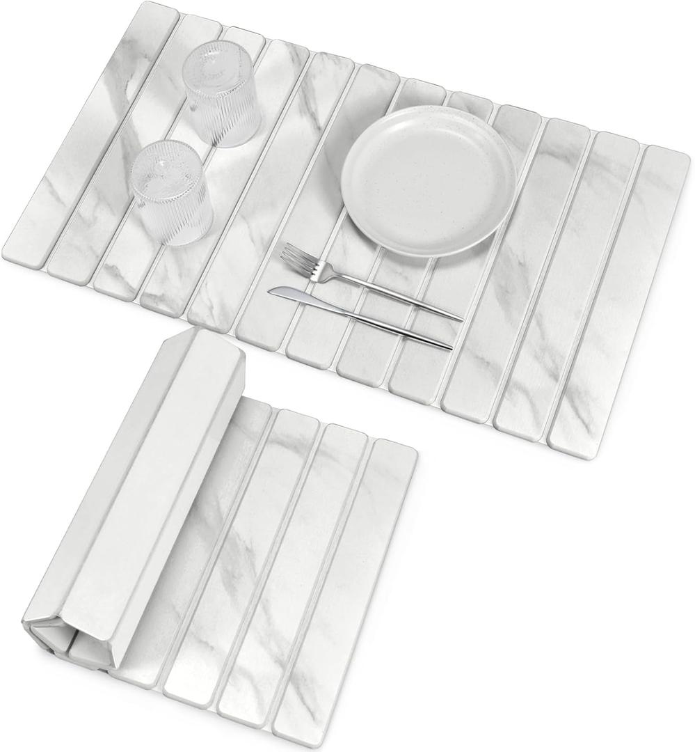 Large Stone Dish Drying Mats for Kitchen Counter, 28"(L)16"(W) Marble-Pattern, Collapsible Quick Drying Dish Mats, Ultra Absorbent Diatomaceous Earth Mats for Dishes , Match Any Countertop