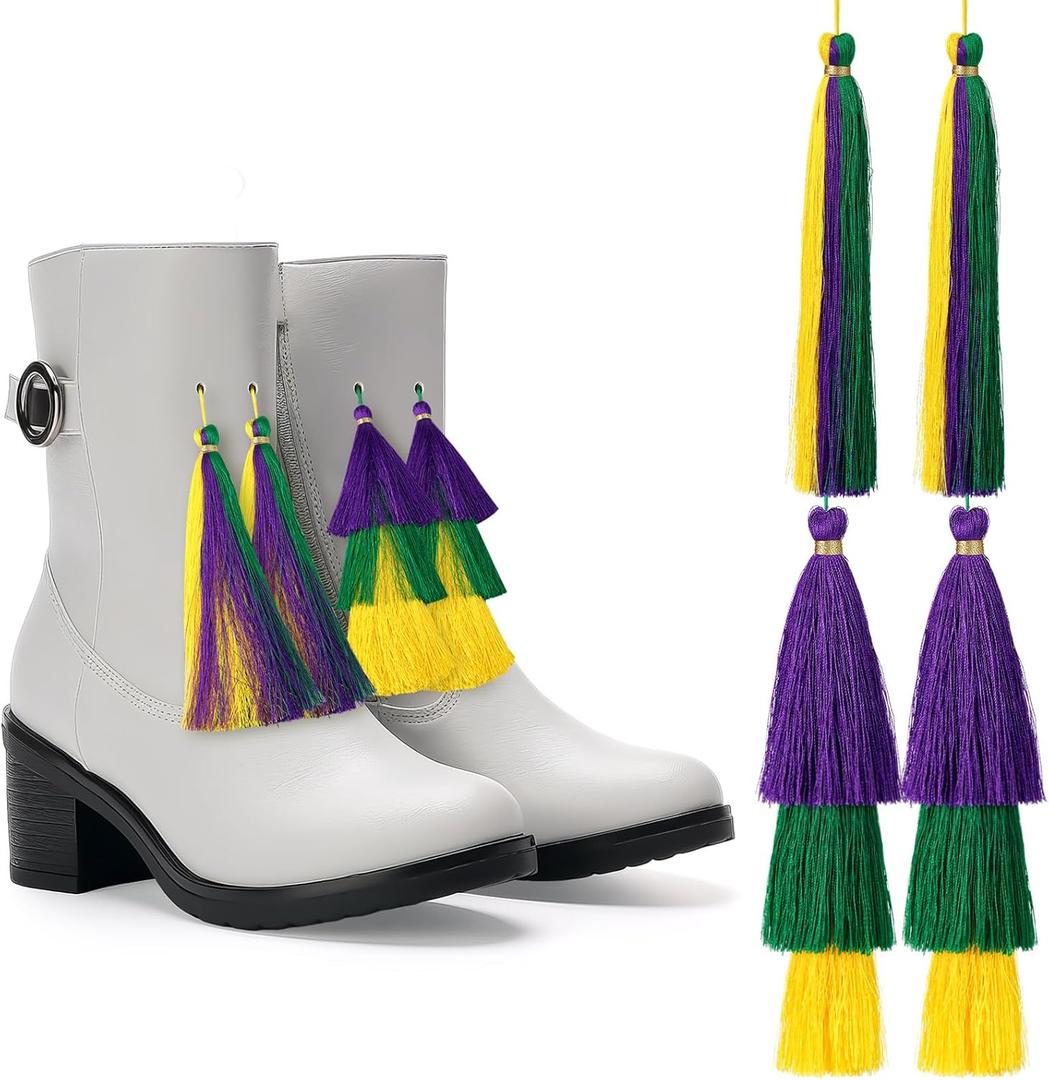 4 Pcs Mardi Gras Boots Tassels 5.9" Marching Boots Tassels for Mardi Gras Boot, Clothing Decor for Women Gold Purple Green Festival Costume Accessories