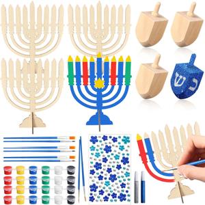 YumSur Hanukkah DIY Wooden Craft Kit, Make Your Own Menorah and Candles, Unfinished Blank Chanukah Christmas DIY Art Craft for Home Classroom Party Supplies