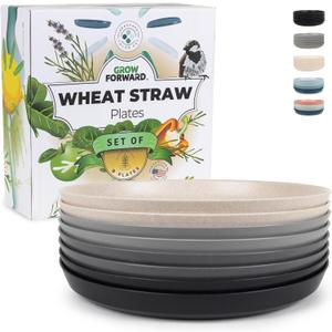 Grow Forward Premium Wheat Straw Plates - 10 Inch Reusable Hard Plastic Dinner Plates Set of 8 - Unbreakable & Microwave Safe Dishes for Dessert, Camping, RV, Outdoors, Patio, Kitchen - Moonlight