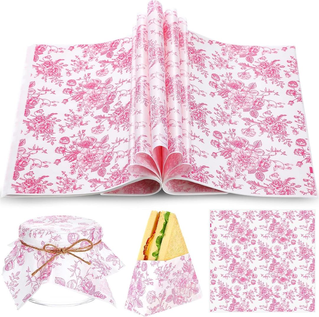 Marspark 100 Sheets Floral Wax Paper for Food Wrapping 11.4 x 11 Inches Spring Floral Food Basket Parchment Paper for Picnic Wedding Candy Cookies Baking Sandwich Burgers Greaseproof Wrapping(Pink)