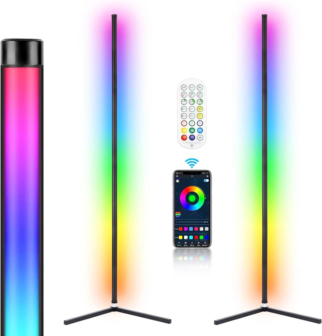 2PCS RGB Corner Floor Lamp, 64.5" RGB Color Changing Led Floor Lamp for Living Room APP and Remote Modern Light Bar with Music Sync and 16 Million Colors Dimmable Ambient Lighting for Bedroom