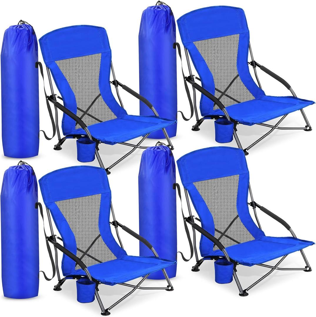 Menkxi 4 Pack Low Beach Chairs for Adults, Portable Folding Sand Chairs with Cup Holder and Carry Bag, Lightweight High Back Camping Chair for Beach Trips, Concerts, BBQ, Lawn, Outdoor (Deep Blue)
