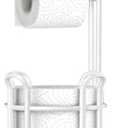 TomCare Toilet Paper Holder Stand with Shelf 4 Raised Feet Upgraded Free Standing Toilet Paper Roll Storage with Tissue Paper Dispenser Metal Bathroom Storage Organization (White)