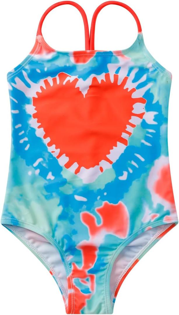 LIZENS Girls' One Piece Swimsuit Stylish Swimwear for Kids Red Bathing Suit with Love Print (4-5T, Multicolor)