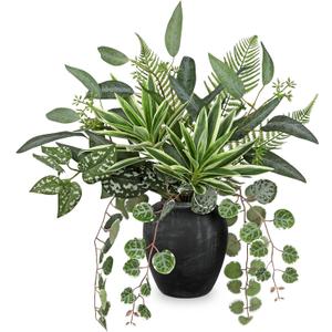 Artificial Greenery Arrangement with Cement Vase, Fake Potted Plants in Rustic Jug Planter, Faux Leaf Bouquet for Table Centerpiece, Farmhouse Home Decor, Dining Room, Living Room, Shelf Decoration