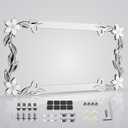 Flower Bling License Plate Frame Tag Holder Cover  Cute Girly Car Accessory for Women, 3D Shining Chrome Painted Zinc Alloy Metal, Trendy and Rust-Resistant Design, Fits US & Canada