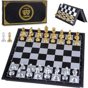 AMEROUS 10'' Magetic Travel Chess Set, Plastic Portable Folding Chess Board Game with Gold and Silver Chess Pieces - 2 Extra Queens - Chess for Beginner, Kids, Adults