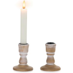 NUPTIO Taper Candle Holders Wood: 2 Pcs Rustic Brown Wooden Candlestick Holder - Vintage Small Farmhouse Candles Stick Candleholder for Christmas Wedding Party Home Living Room Table Decor