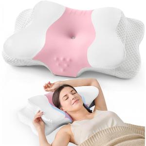 DISSA Cervical Neck Pillow for Side Sleepers Ergonomic Contour Memory Foam Pillow with Adjustable Orthopedic Neck Support for Pain Relief - Gift for Christmas & Birthdays - Pink
