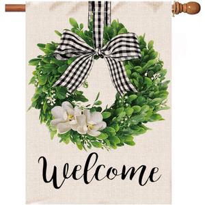 Hexagram Summer Welcome House Flag 28x40 Inch Double Sided Outside, Vertical Burlap Yard Flags for Outside Buffalo Plaid Bow Porch Summer Spring Outdoor Decor, Large Garden Flags