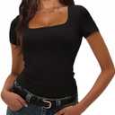 Double Lined Going Out Tops for Women Square Neck Short Sleeve Y2K Slim Fit Crop Tops Cute Summer Outfits black, Small