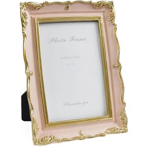 Cuspin 4x6 Vintage Picture Frame Pink and Gold Frame, 4 by 6 Photo Frames Ornate Textured Hand-Crafted Resin with Glass Front for Tabletop Display and Wall Hanging, Retro Design Home Decor