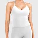 YEOREO Women's Impact Halter Tank Top Strappy Padded Halter Open Back Deep V Neck Built-in Bra Workout Gym Crop Tops, White, XS