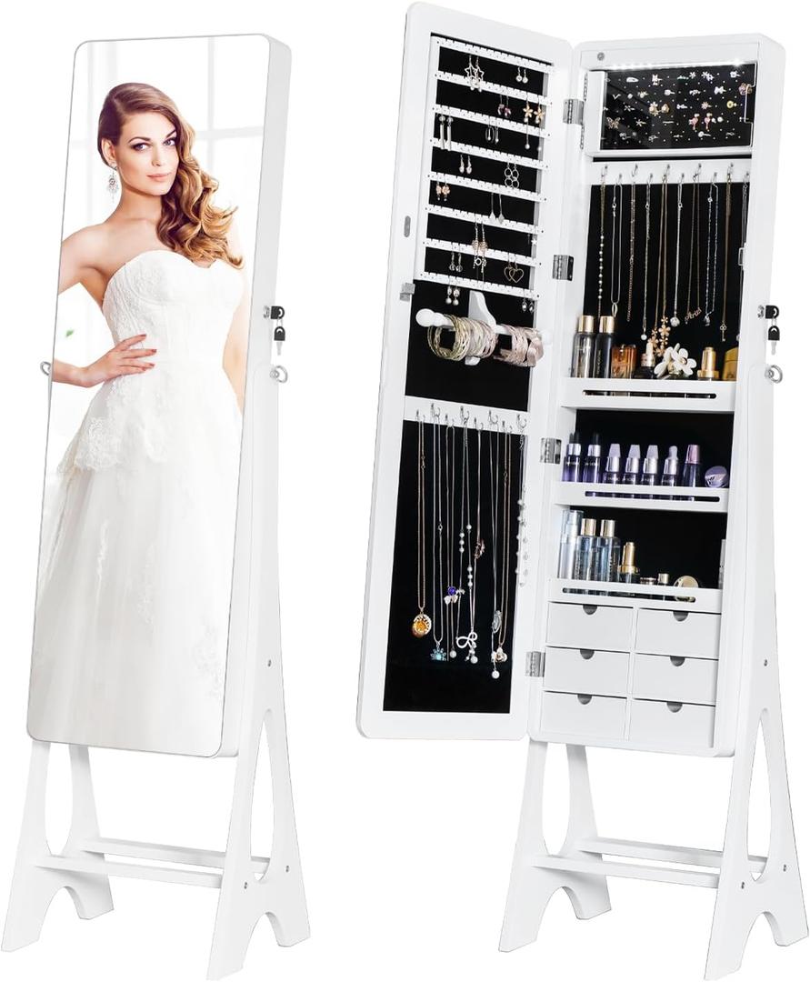 Mirror Jewelry Cabinet Standing, Full Length Mirror Jewelry Armoire Jewelry Organizer Lockable Jewelry Storage for Women Girl Full-Length Frameless LED Lights 6 Drawers Lockable White
