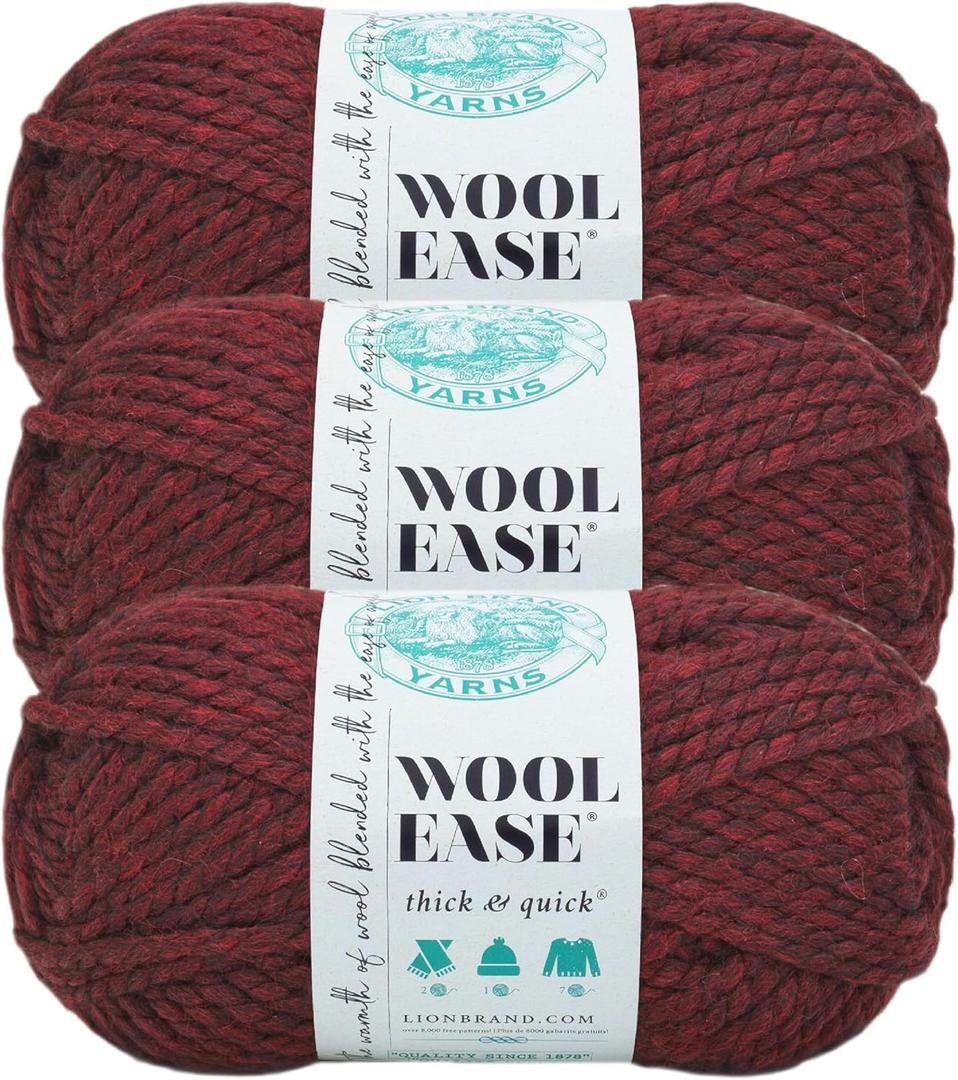 Lion Brand Yarn Wool-Ease Thick & Quick Yarn, Soft and Bulky Yarn for Knitting, Crocheting, and Crafting, 3 Pack, Claret Lion Brand Yarn Wool-Ease Thick & Quick Yarn, Soft and Bulky Yarn for Knitting, Crocheting, and Crafting, 3 Pack, Claret