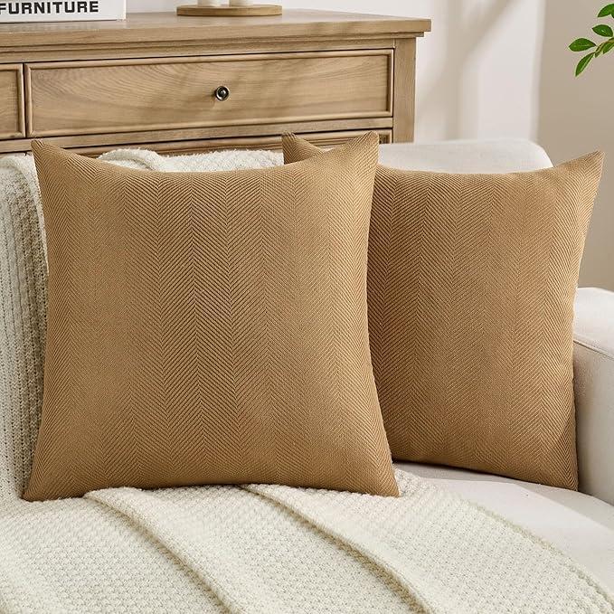 FUTEI Pack of 2 Chevron Chenille Throw Pillow Covers 18x18 Inch Soft Herringbone Texture Solid Decorative Cushion Case Farmhouse Home Decor for Couch Bed Living Room, Camel