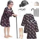 Mprocen Old Lady Costume for Kid 100 Days of School Costume for Girl Granny Nightgown Dress Wig Cane Dress up Accessories Set
 Size 5-7 Y