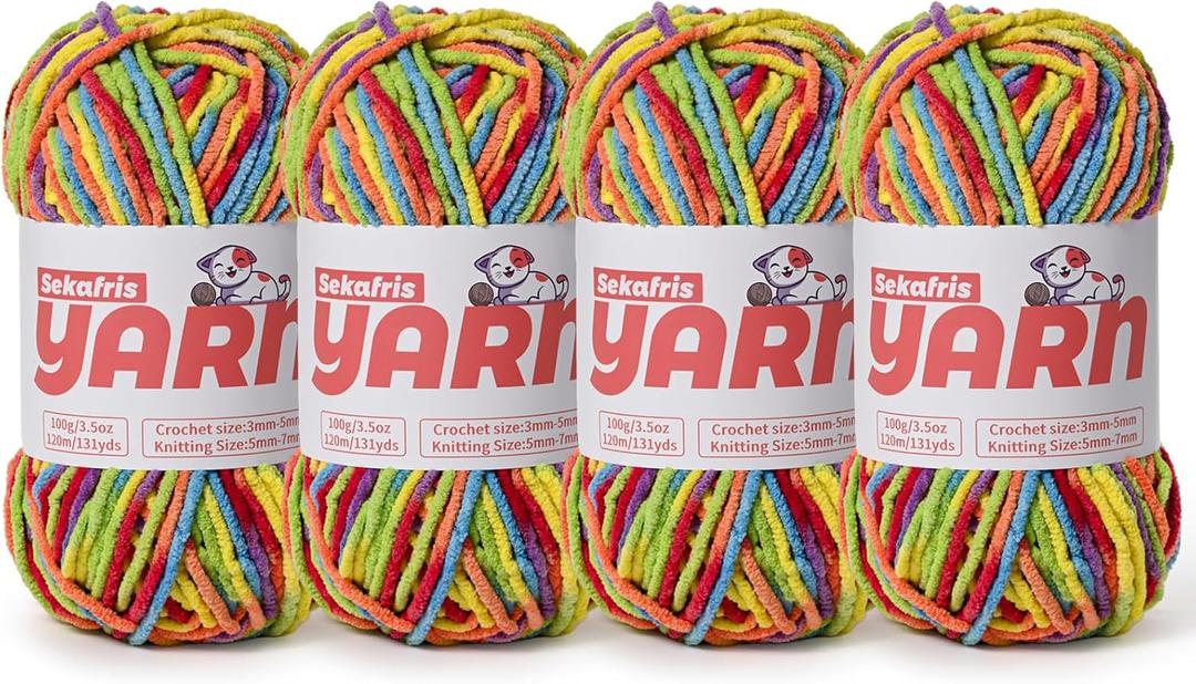 4 Pack Plush Chunky Chenille Yarn for Crocheting, Soft Fluffy Velvet Yarn for Crocheting Amigurumi, Fuzzy Baby Blanket Knitting 400g/524yds Bulky(4 Rainbow)
