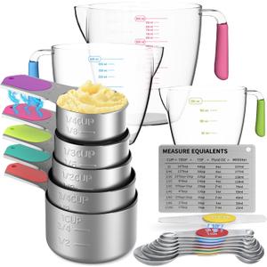 Magnetic Measuring Cups and Spoons Set, 5 Stainless Steel Measuring Cups for Dry and Liquid Ingredients, 7 Magnetic Measuring Spoons, 3 Plastic Measuring Cup with 1 Measuring Conversion Chart