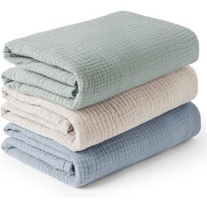 Konssy 3 Pack Muslin Swaddle Blankets for Unisex, Newborn Receiving Blanket, Large 47 x 47 inches, Soft Breathable Muslin Baby Swaddles for Boys & Girls (Blue)