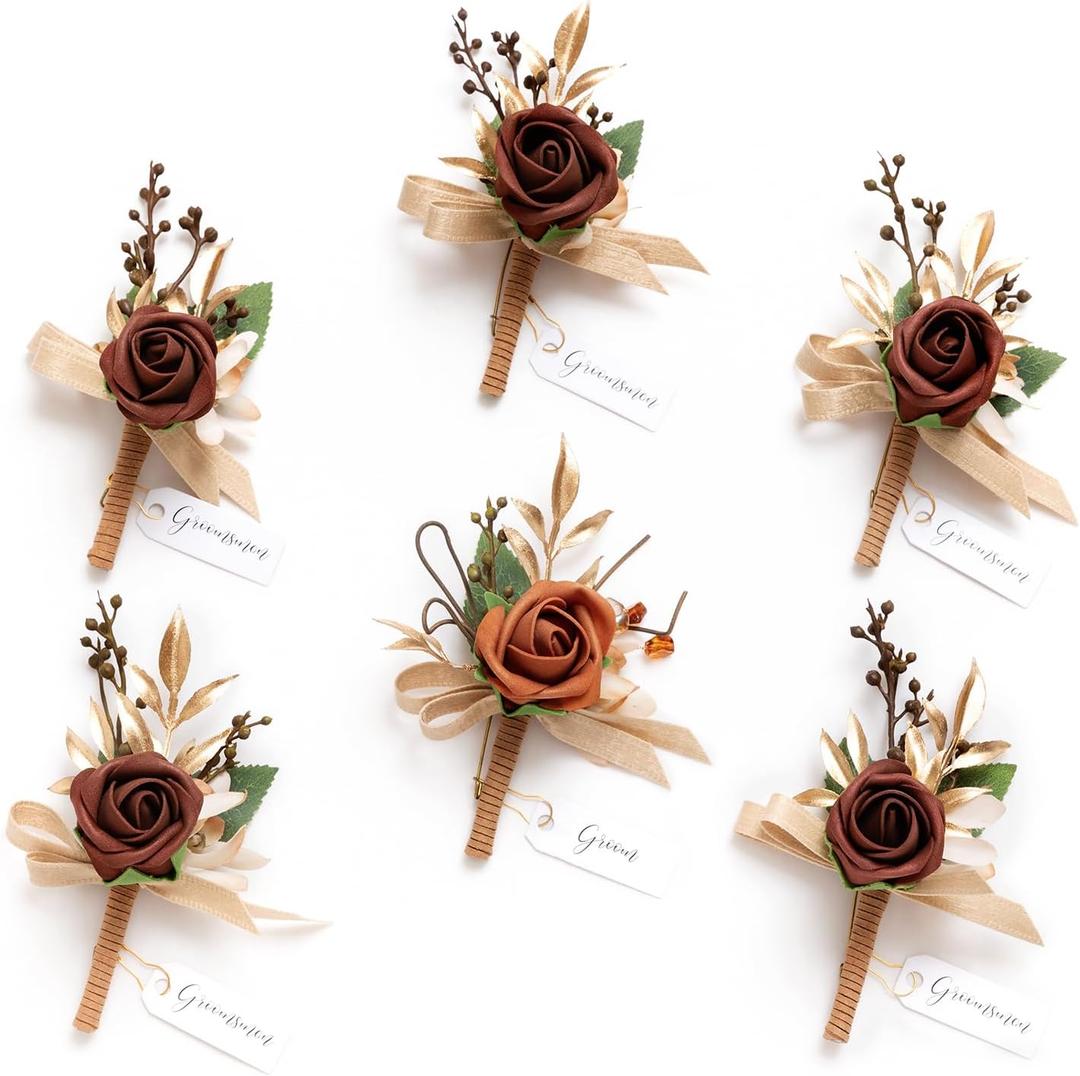 Ling's moment Boutonniere for Men, 6pcs Groom Groomsmen Boutonniere, Artificial Flowers for Wedding Decor/Prom/Homecoming, etc.Terracotta Orange