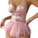 Lilosy Sexy Bows Floral Lace Mesh Babydoll Lingerie Romper (Pink, S)