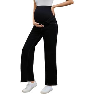 Ecavus Women's Maternity Jeans Over Belly Wide Leg Comfy Stretch Denim Pants with Pockets, XS-XXL (Large, Black)