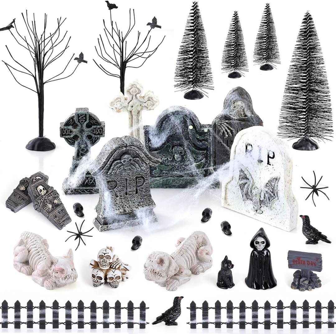YLOLUL 48 Pcs Fluorescent Halloween Village Accessories Miniature All Saints' Day Figurines Glow in The Dark Mini Tombstones Skeleton Tiny Trees for Halloween Town Decorations Party Table Decor