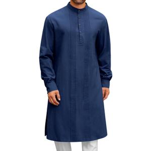 Runcati Mens Kaftan Robe Button Down Long Sleeve Cotton Linen Thobe Casual Muslim Gown Henley Shirt (X-Large, Navy)