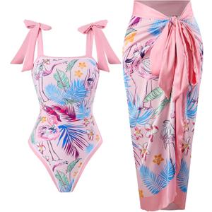 One Piece Bathing Suit for Women with Beach Cover up Wrap Skirt Swimsuit Sarong Retro Floral Print Bikini Set (Pink, XXL)