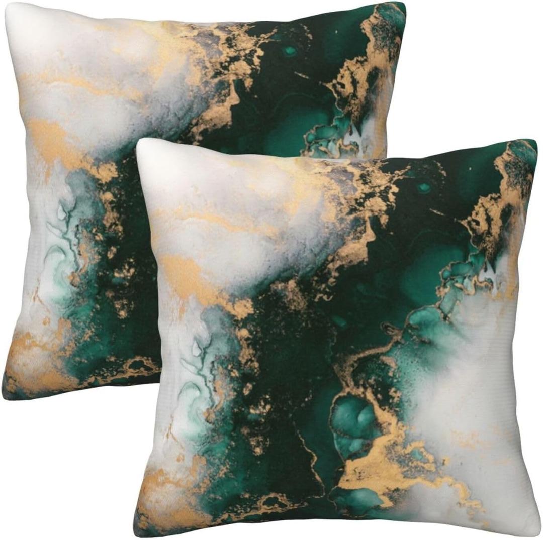 Emerald Green Gold Marble Pillow Covers 18x18 Set of 2, Green and Gold Modern Abstract Throw Pillow Covers Outdoor Decorative Pillow Case for Couch Bed Sofa Cushion Home Decor