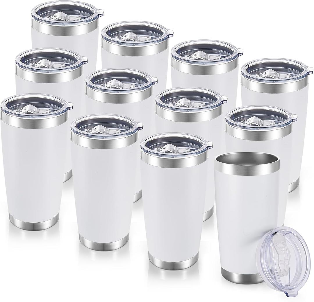 20 oz Tumblers Bulk Stainless Steel Tumbler with Lid Double Wall Vacuum Insulated Coffee Mug 20oz Powder Coated Cup for Hot and Cold Drinks, White, 12 pack, Medium