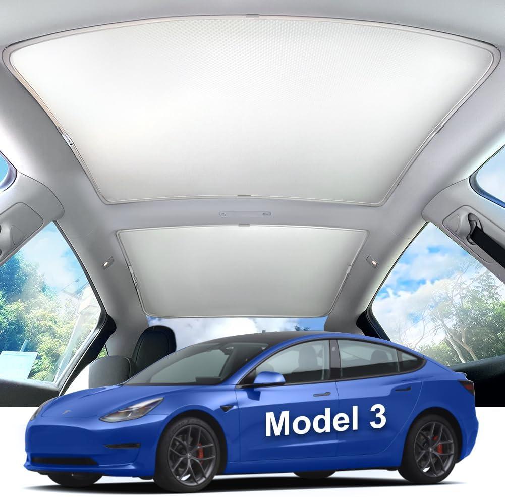 Tesla Model 32020-2025 Double-Layer Glass Sunshade Roof Red-Film Crystal Coatings,Easy Install with Clips, Foldable & Storage Bag UV Blocking Tesla Accessories Gray
