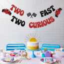 Two Fast Two Curious Banner, Boy 2nd Birthday for Racing Second Party Decorations, Baby Shower Race Car Let's Go Racing Party Supplies, Black Red Glitter