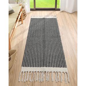 Lahome Belle Boho Rugs for Entryway, 2x5 Laundry Room Rug Lightweigh Cotton Washable Runner Rug with Tassels, Farmhouse Black Bath Door Mats Indoor Non Shedding Runners for Hallways Bedroom