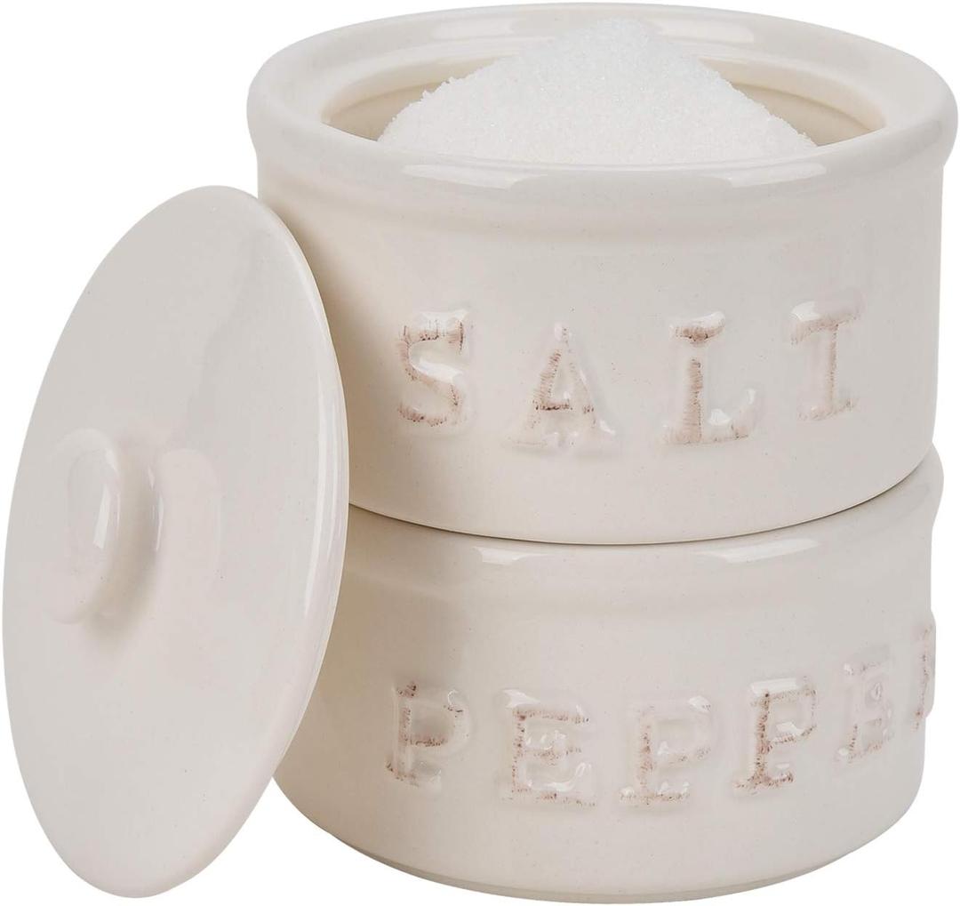 Vintage Ceramic Salt and Pepper Shaker Set Condiments Cellar Stacking Bowls With Lid