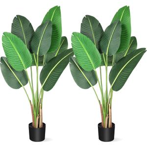 GarveeHome 48 ins Artificial Tree Bird of Paradise Artificial Plant with 8 Trunks Fake Tree - 2PCS 4 ft Faux Plants Fake Banana Tree Plant with Pot Artificial Trees for Home Decor Indoor Outdoor (Green)