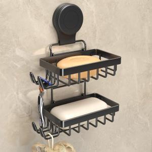 Soap Holder Bar Dish Suction Cup, Bar Shampoo Rack for Shower Wall, Draining Soap Saver Tray for Bathroom, Rustproof Stainless Steel Sponge Holder for Tub, Kitchen, Drill-Free (Black, 2-Tier)