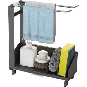 Rustproof Sink Caddy Sponge Holder-Can Hold Various Kitchen Gadgets and Small Items with Removable Drain Tray,Rotatable Dishcloth Rag Paper Towel Rack,No Drilling,Black,Aluminum+Carbon Steel