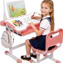 BIERUM Kids Desk and Chair Set - Height Adjustable 55 Tiltable Student Desk, Ergonomic Widened Desktop Table with Painting Mat, Bookstand and 3 Modes LED Lamps for Kids Ages 3-12, Pink