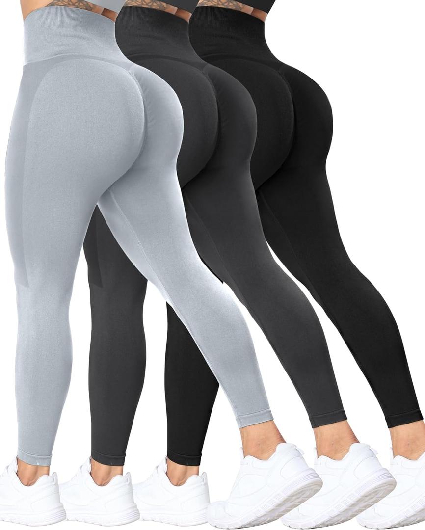 ATHVOTAR 3 Pack Butt Lifting Workout Leggings Women High Waist Seamless Scrunch Butt Booty Gym Leggings (Large, Black/Gray/Dark Green)