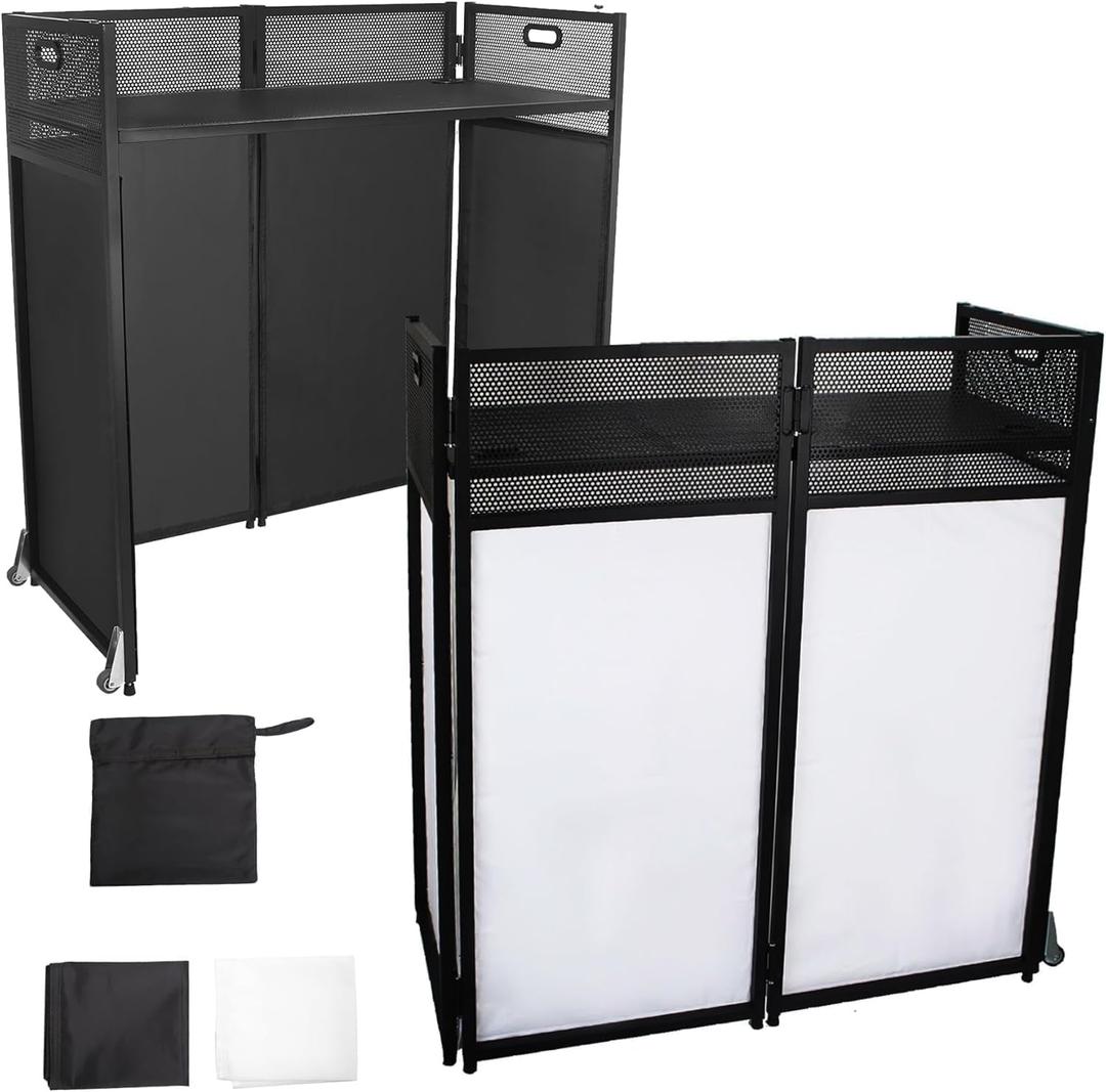 DJ Facade Booth Table 40" x 20"-Portable with Black&White Lighting Scrims Flat DJ Booth Panel-Black Metal Frame with 2 Extra Wheels for Show, Party