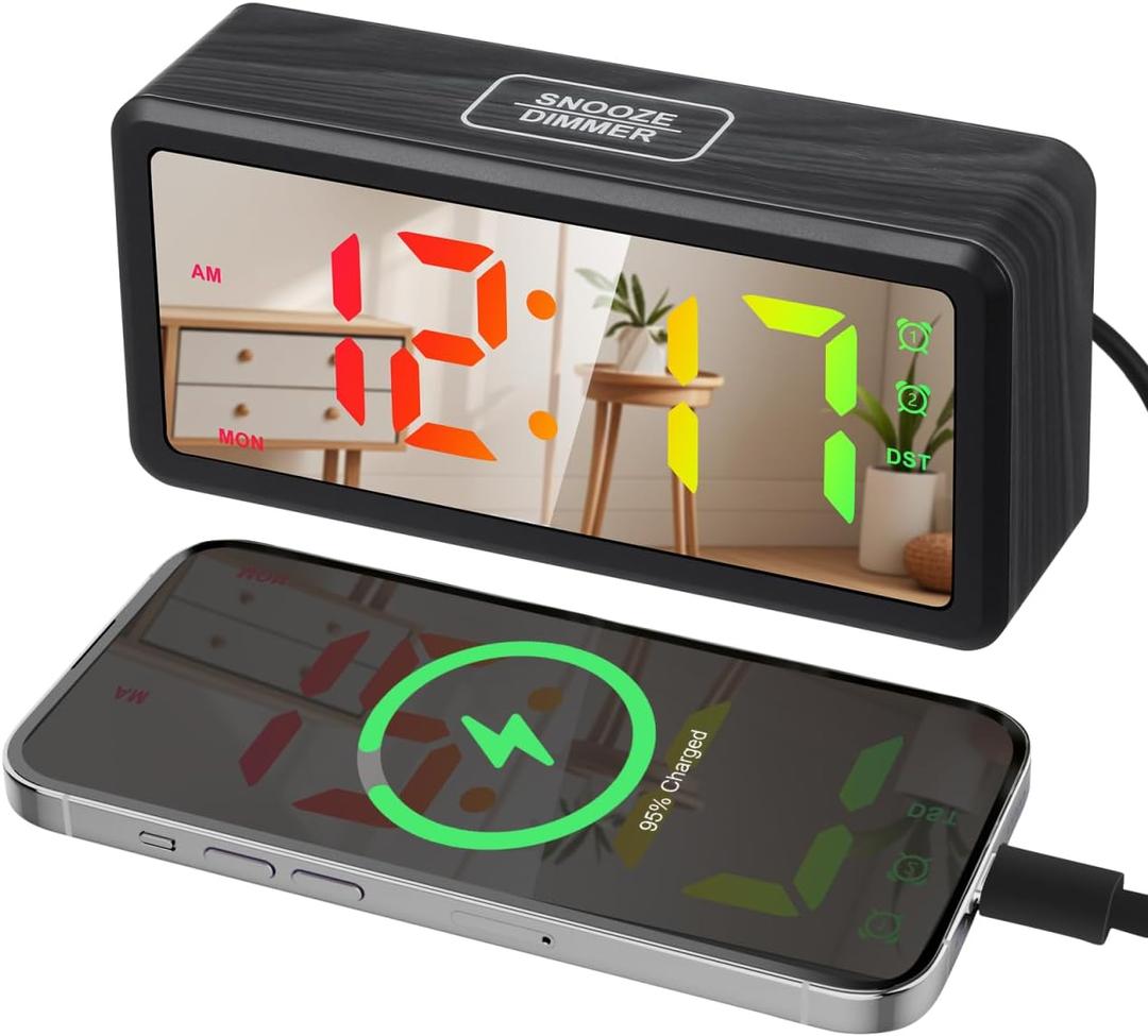 Cabilock Led Wood Digital Alarm Clock with RGB Color Changing Manual DST Adjustment Weekday Display Compact Electronic Desk Clock for Bedroom and Office